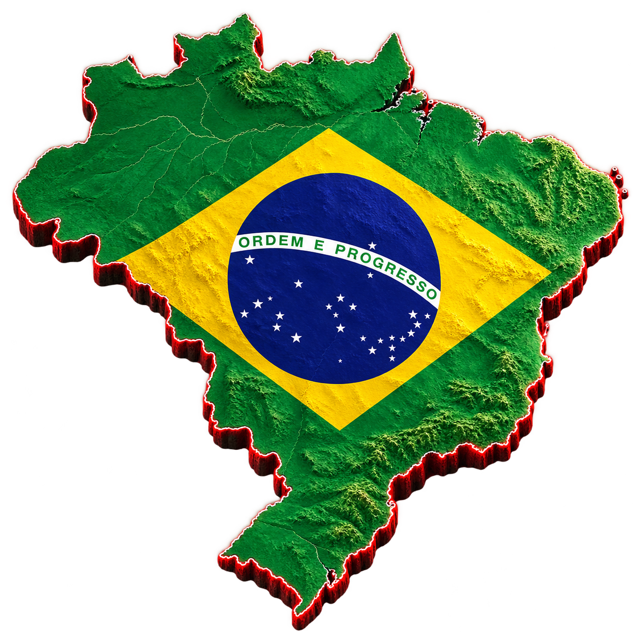 Shape do Brasil em relevo, preenchido com a bandeira brasileira e contornado por luz vermelha