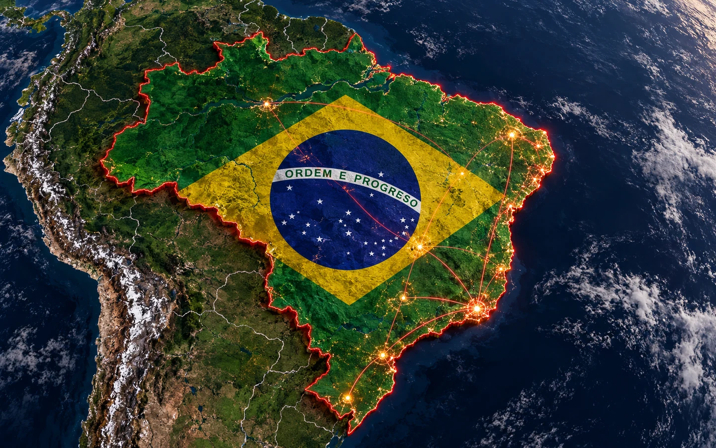 Cena cartográfica ilustrativa do Brasil sobre terreno de satélite, com bandeira, fronteiras e conexões luminosas