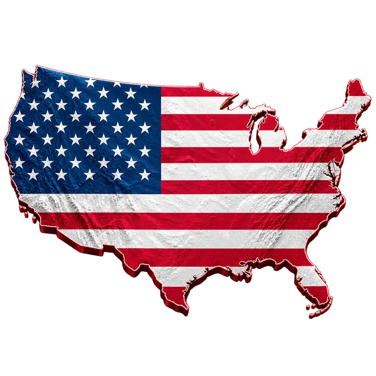 Shape dos Estados Unidos continentais preenchido com sua bandeira, relevo e borda luminosa