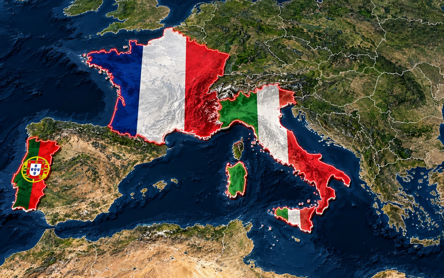 Mapa ilustrativo da Europa com Portugal, França e Itália destacados com suas bandeiras e bordas vermelhas