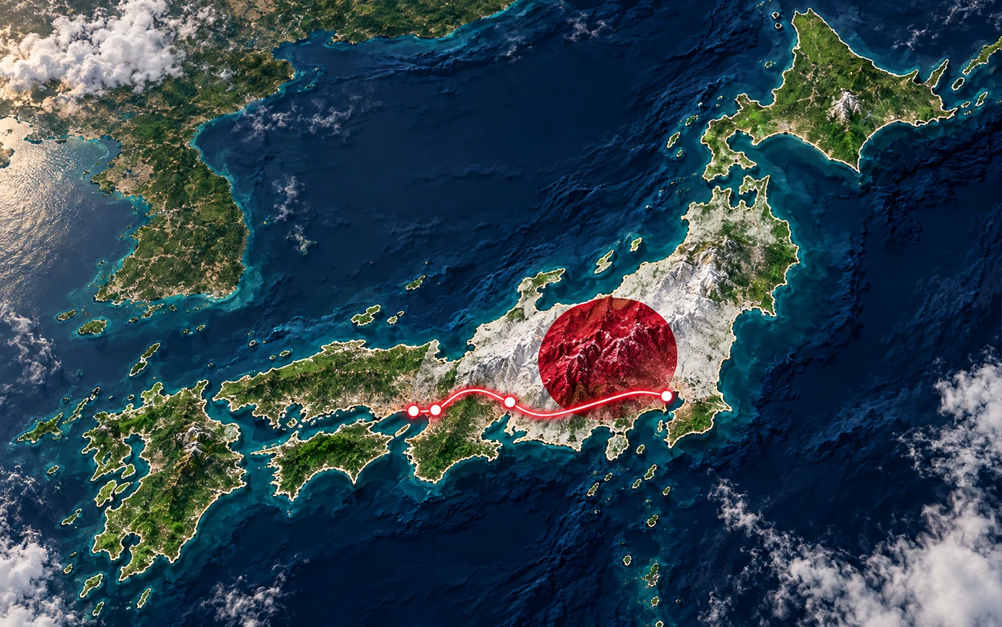 Mapa de satélite ilustrativo do Japão com relevo, bandeira e uma rota vermelha conectando paradas
