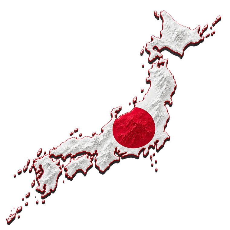 Shape do Japão com relevo, bandeira japonesa e borda luminosa
